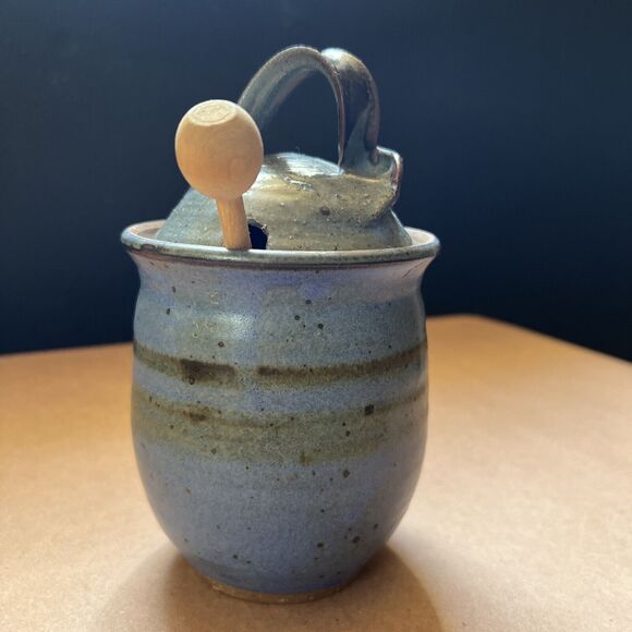 Handmade Signed Pottery Honey Pot With Stick Blue - Picture 3 of 9
